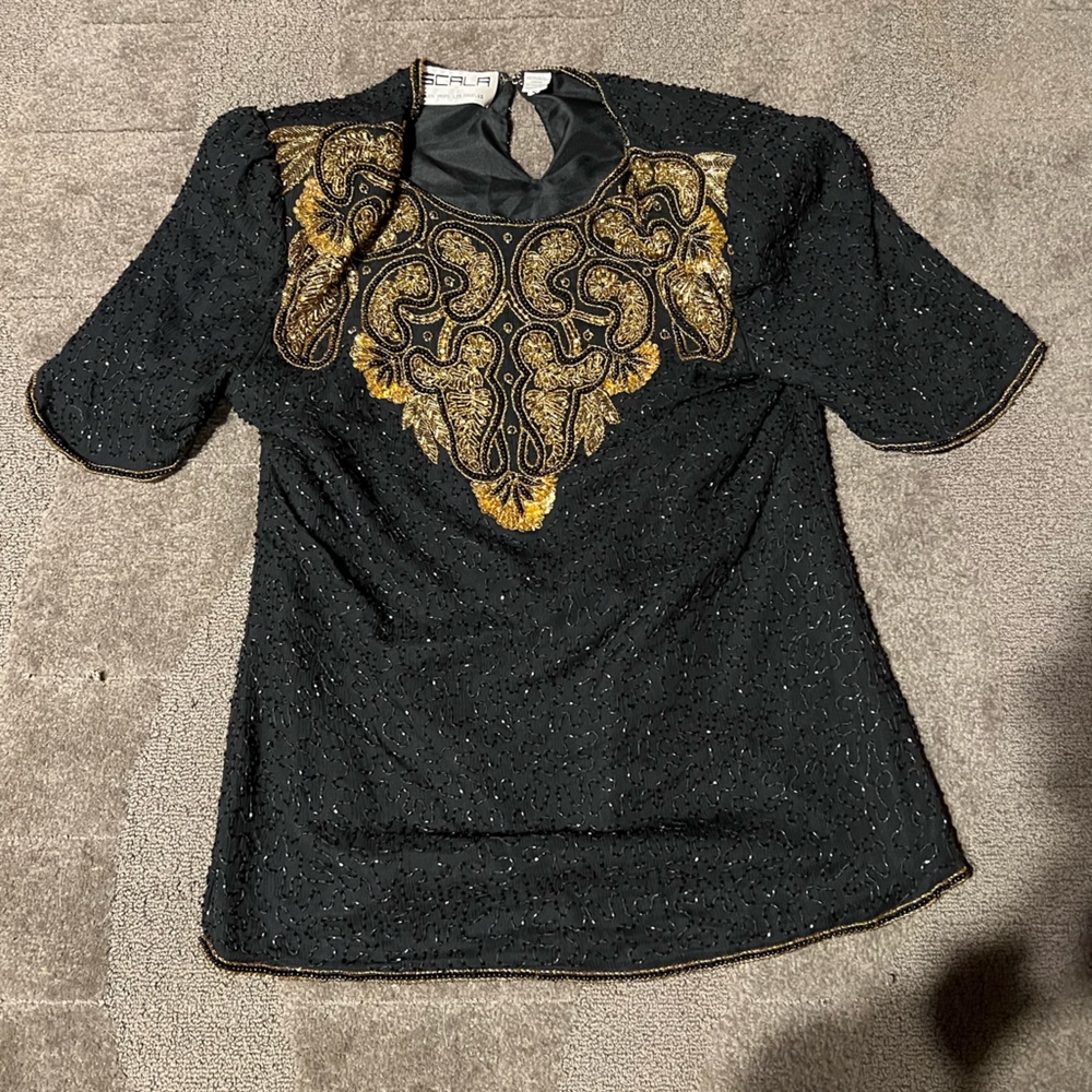 Vintage Scala Gold & Black Beaded Short Sleeve Top Blouse Shoulder Pads Keyhole - Picture 1 of 16
